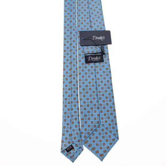 Drake's NWT Neck Tie in Light Blue with Orange/White Geometric Pattern 100% Silk